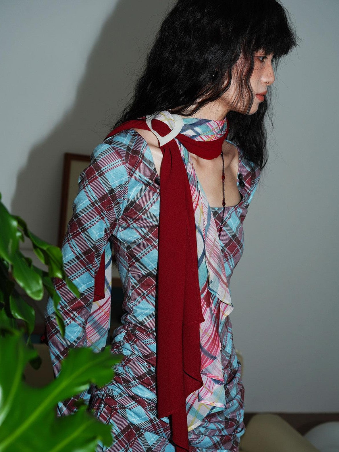 Vintage Plaid Asymmetric Slim Square Neck Women's Lyocell Casual Maxi Dresses