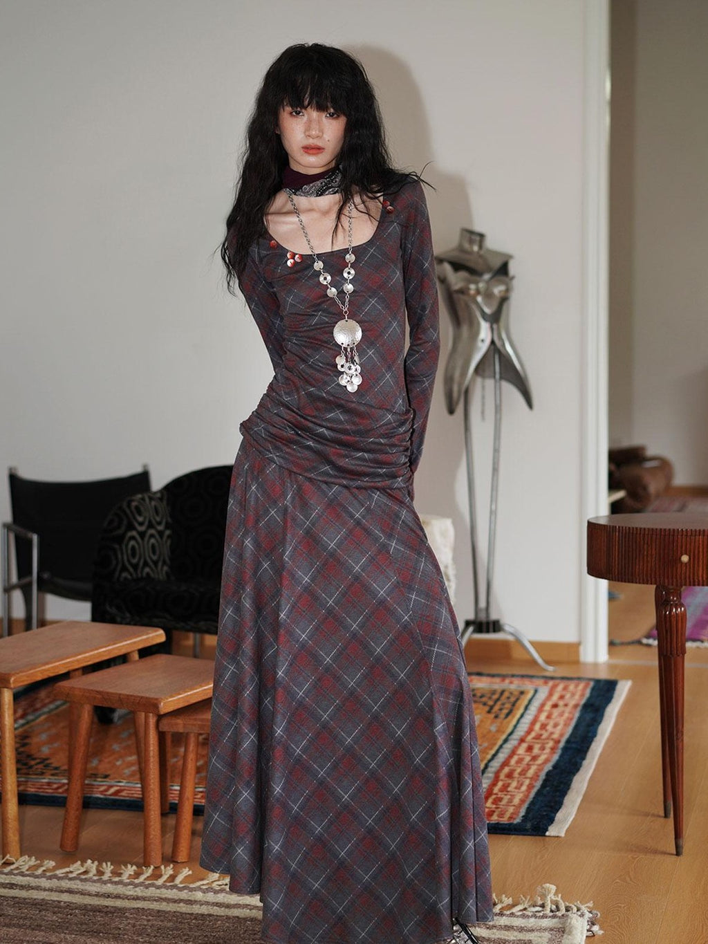 Vintage Plaid Asymmetric Slim Square Neck Women's Lyocell Casual Maxi Dresses