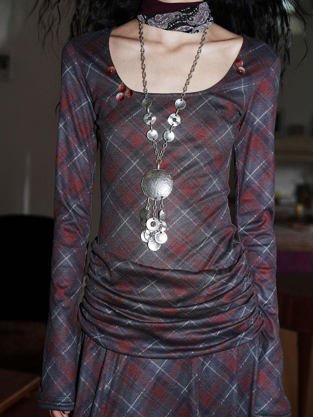 Vintage Plaid Asymmetric Slim Square Neck Women's Lyocell Casual Maxi Dresses