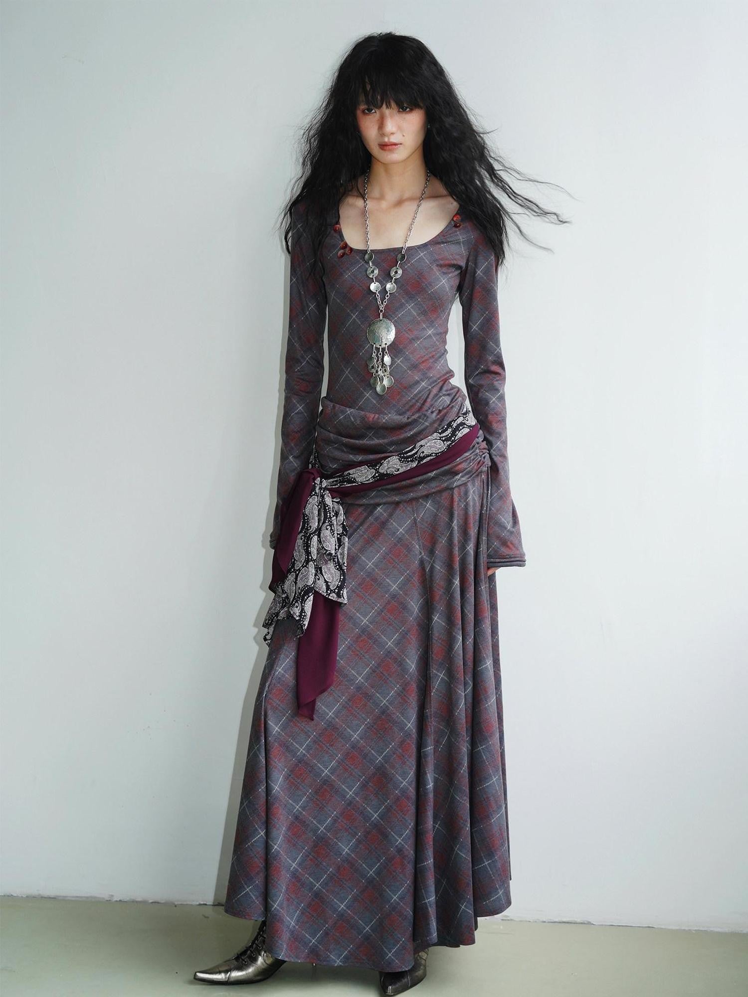 Vintage Plaid Asymmetric Slim Square Neck Women's Lyocell Casual Maxi Dresses