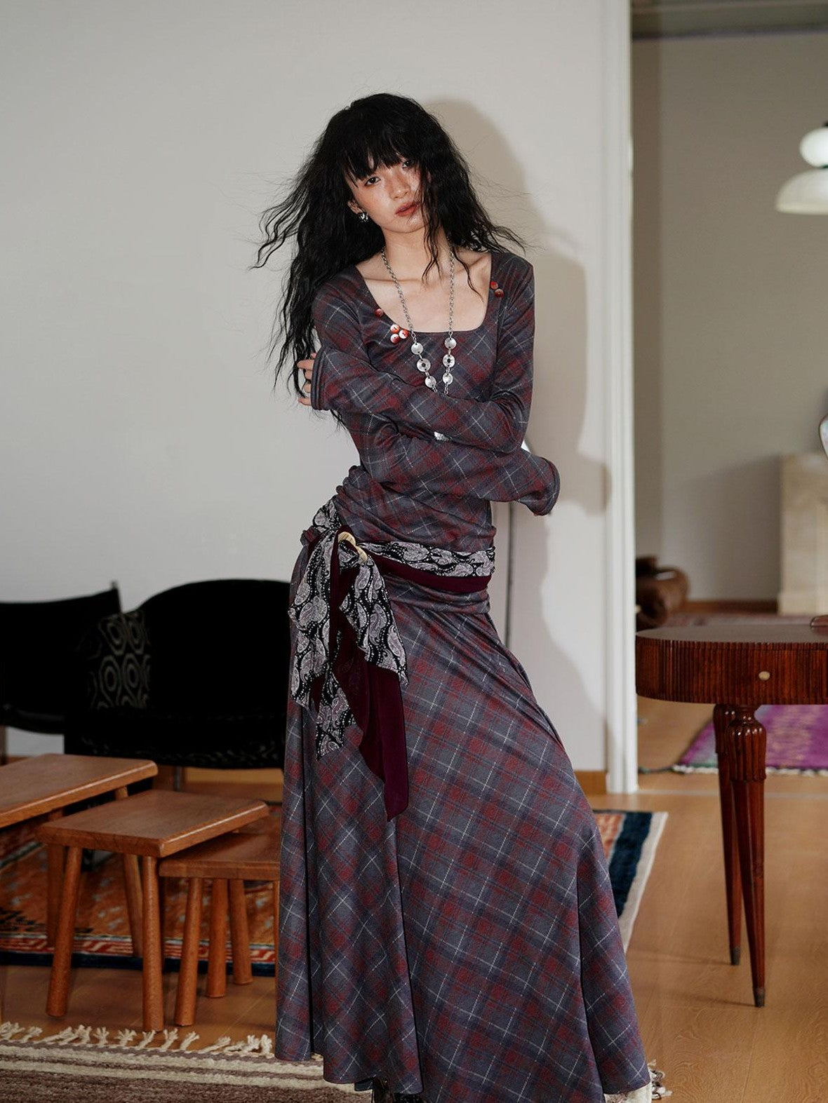 badtaste Vintage Plaid Asymmetric Slim Square Neck Women's Lyocell Casual Maxi Dresses
