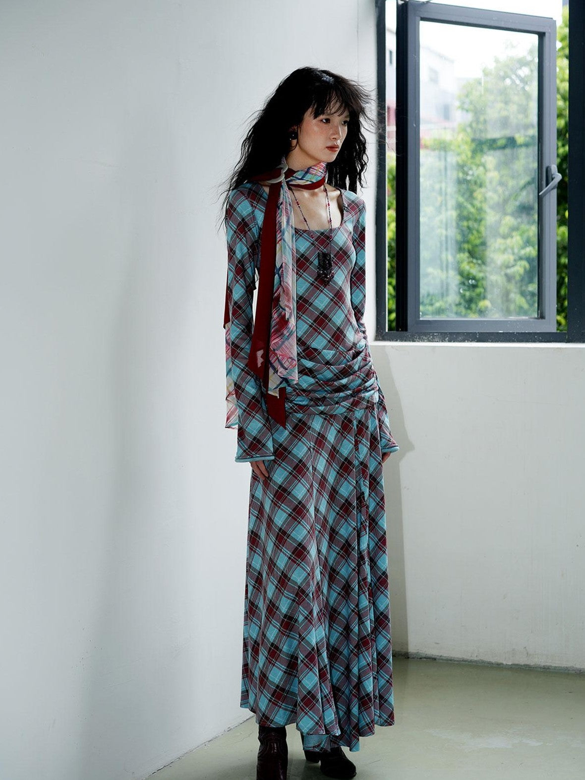 badtaste Vintage Plaid Asymmetric Slim Square Neck Women's Lyocell Casual Maxi Dresses