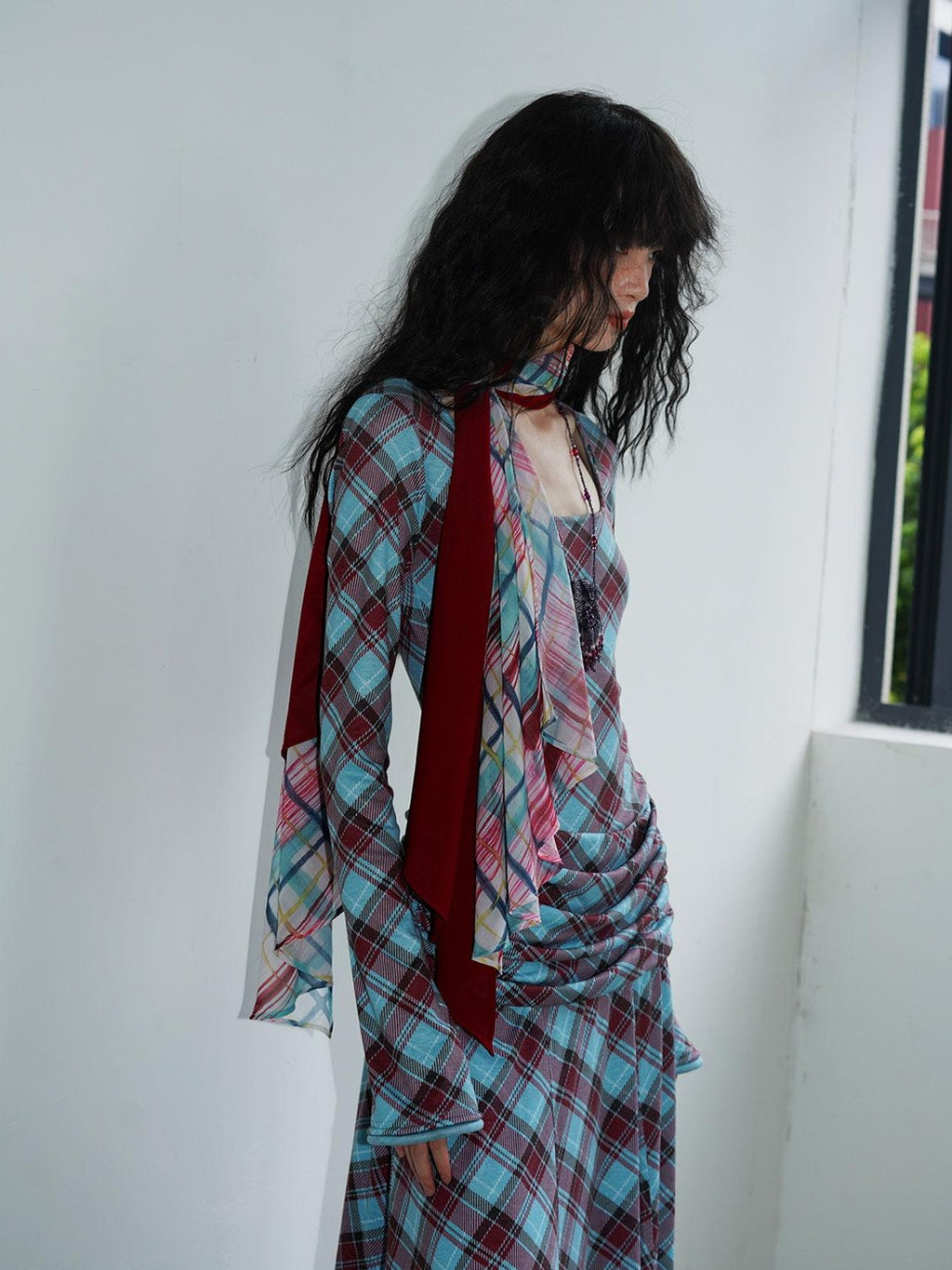 Vintage Plaid Asymmetric Slim Square Neck Women's Lyocell Casual Maxi Dresses