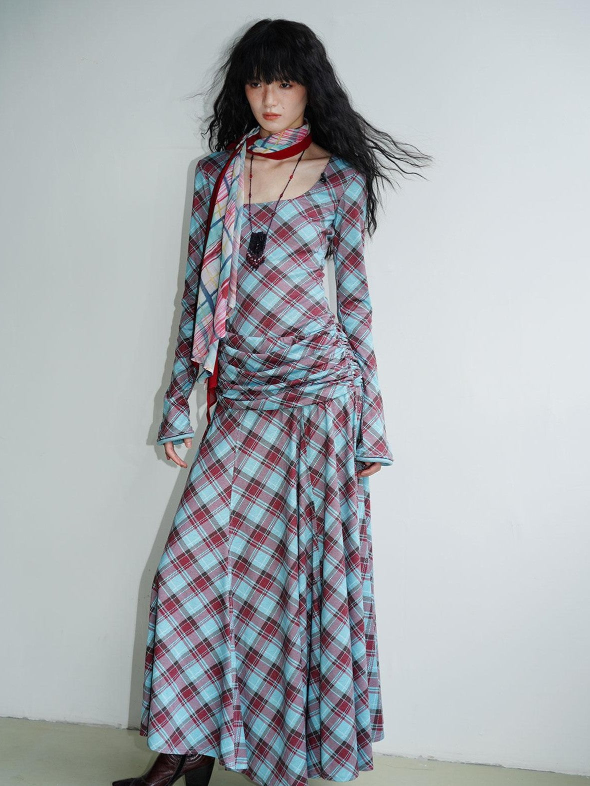 Vintage Plaid Asymmetric Slim Square Neck Women's Lyocell Casual Maxi Dresses