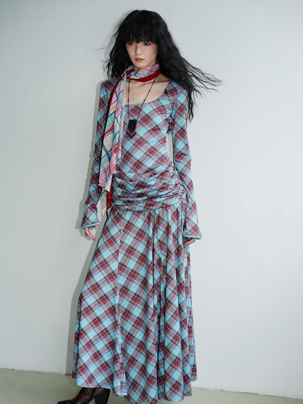 badtaste Vintage Plaid Asymmetric Slim Square Neck Women's Lyocell Casual Maxi Dresses