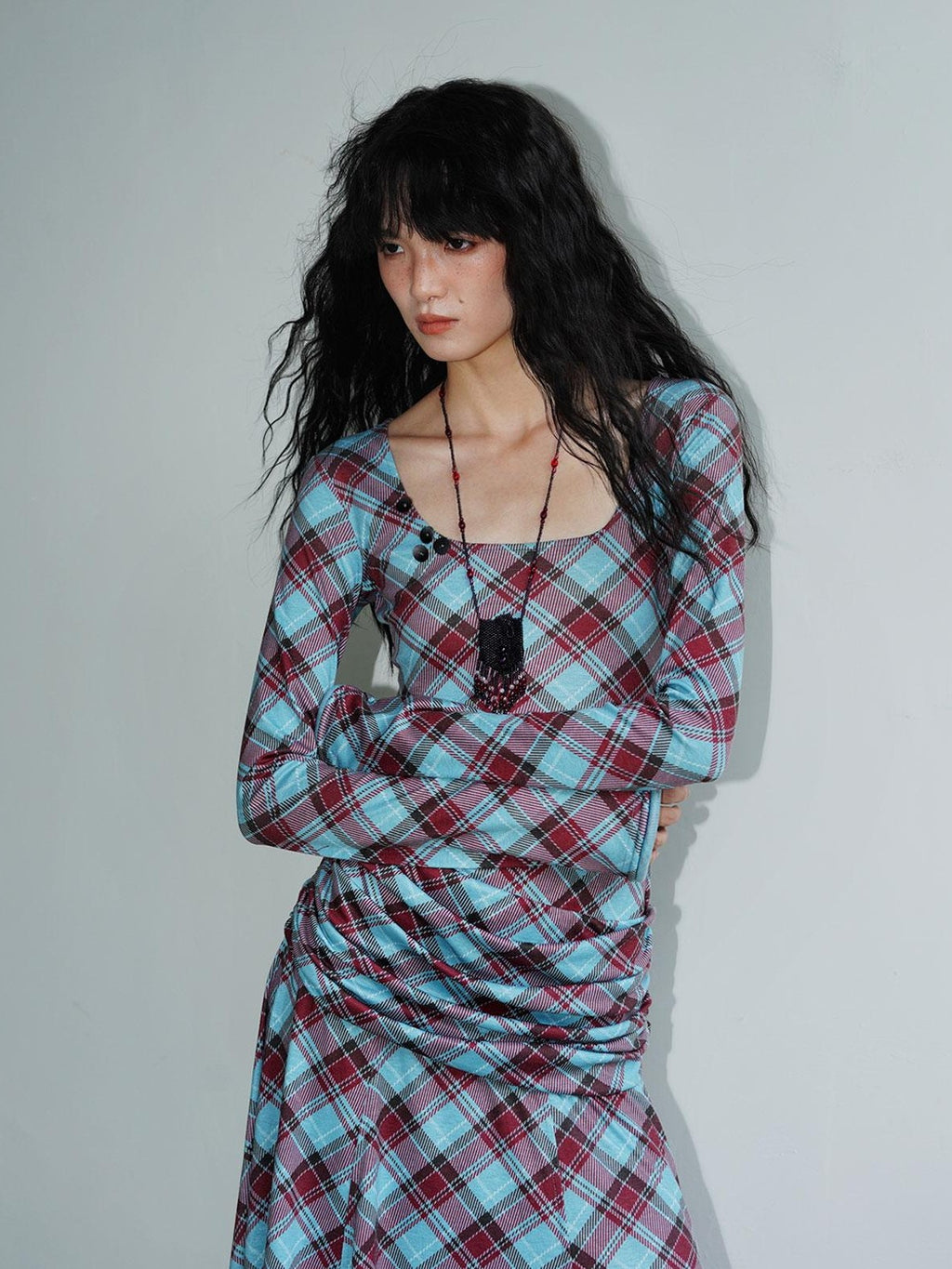 badtaste Vintage Plaid Asymmetric Slim Square Neck Women's Lyocell Casual Maxi Dresses