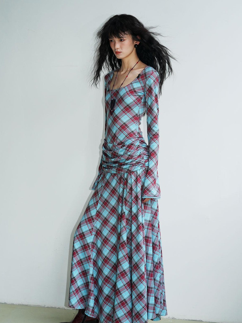Vintage Plaid Asymmetric Slim Square Neck Women's Lyocell Casual Maxi Dresses