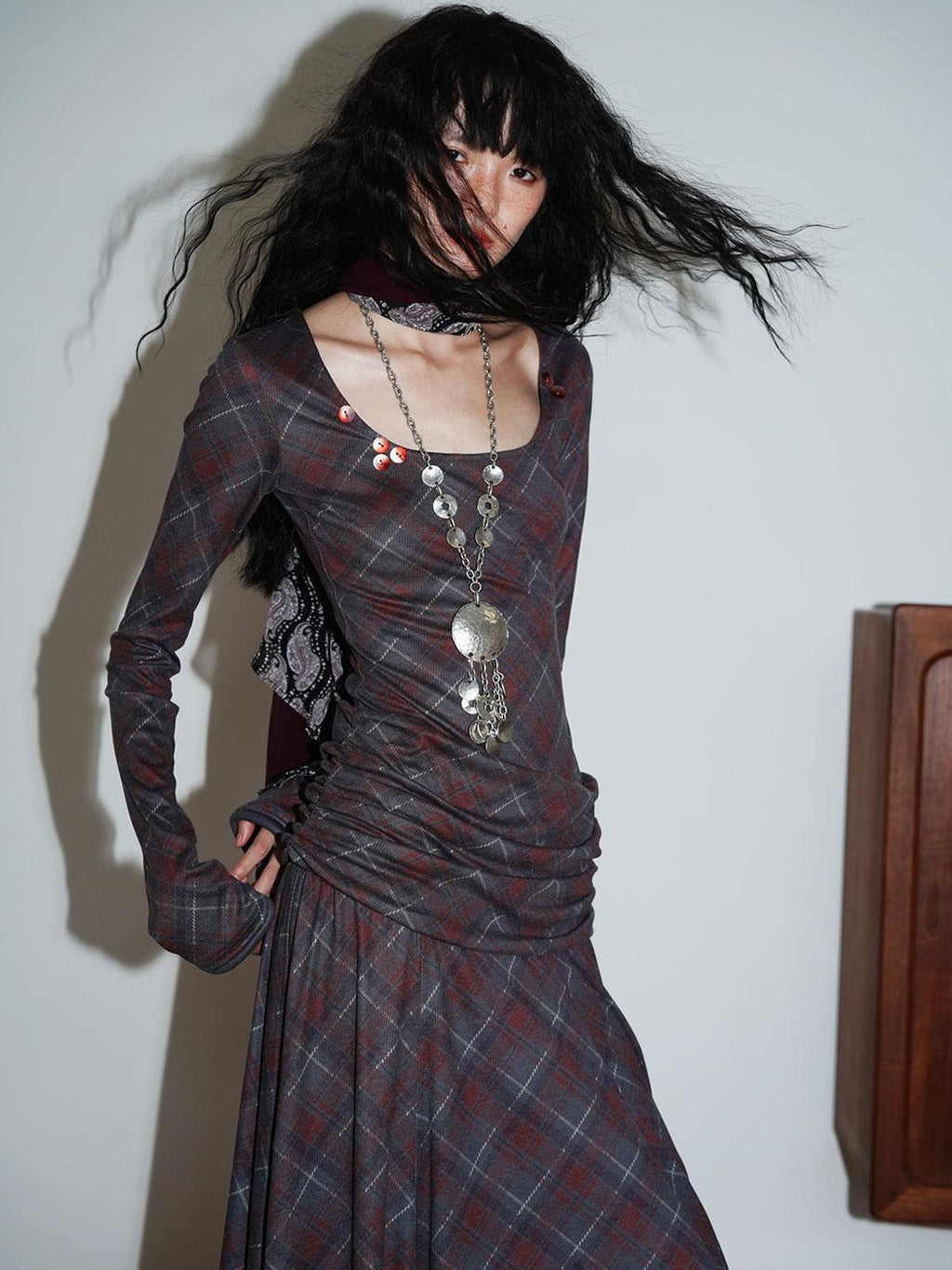 Vintage Plaid Asymmetric Slim Square Neck Women's Lyocell Casual Maxi Dresses