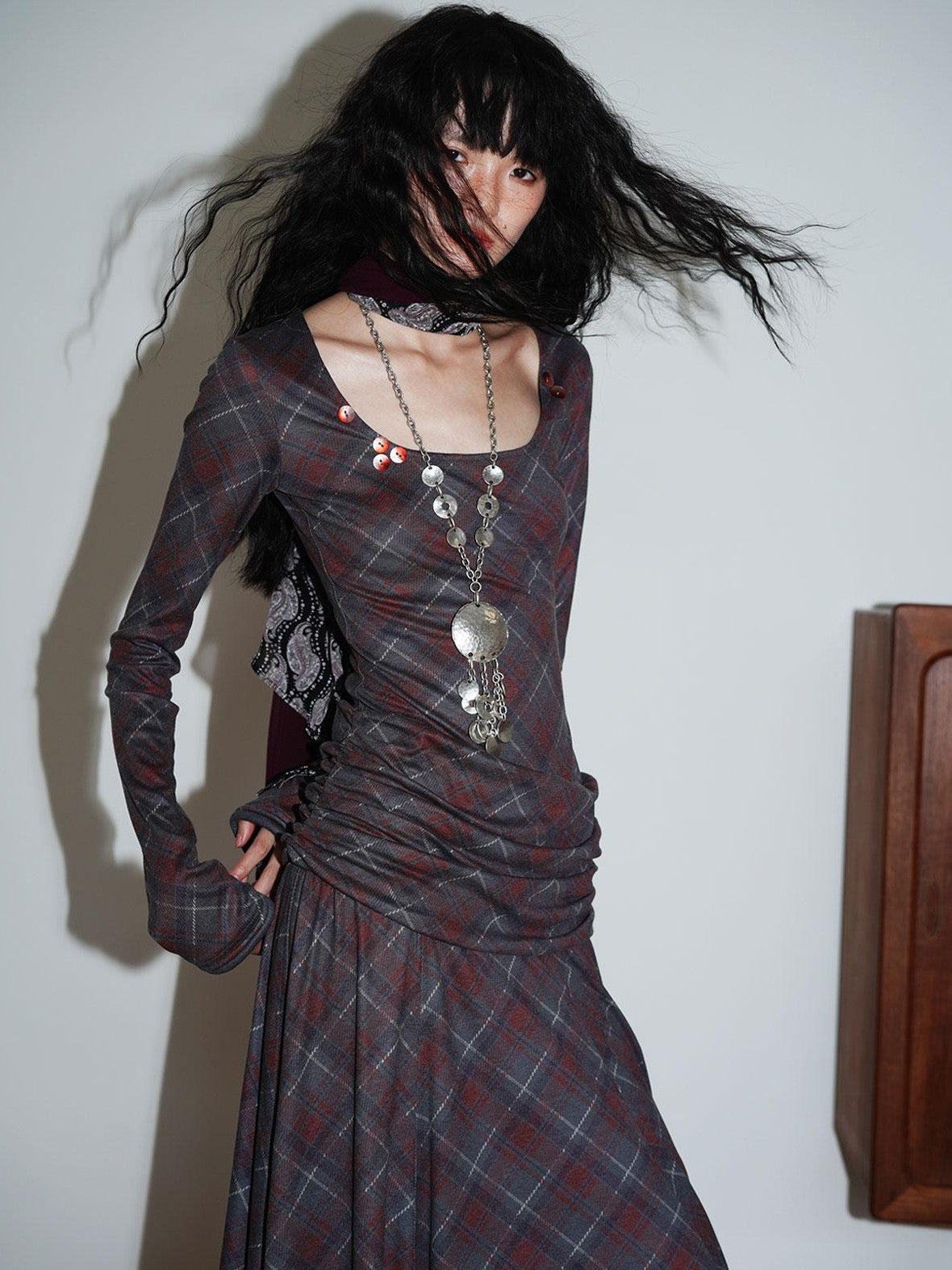 badtaste Vintage Plaid Asymmetric Slim Square Neck Women's Lyocell Casual Maxi Dresses