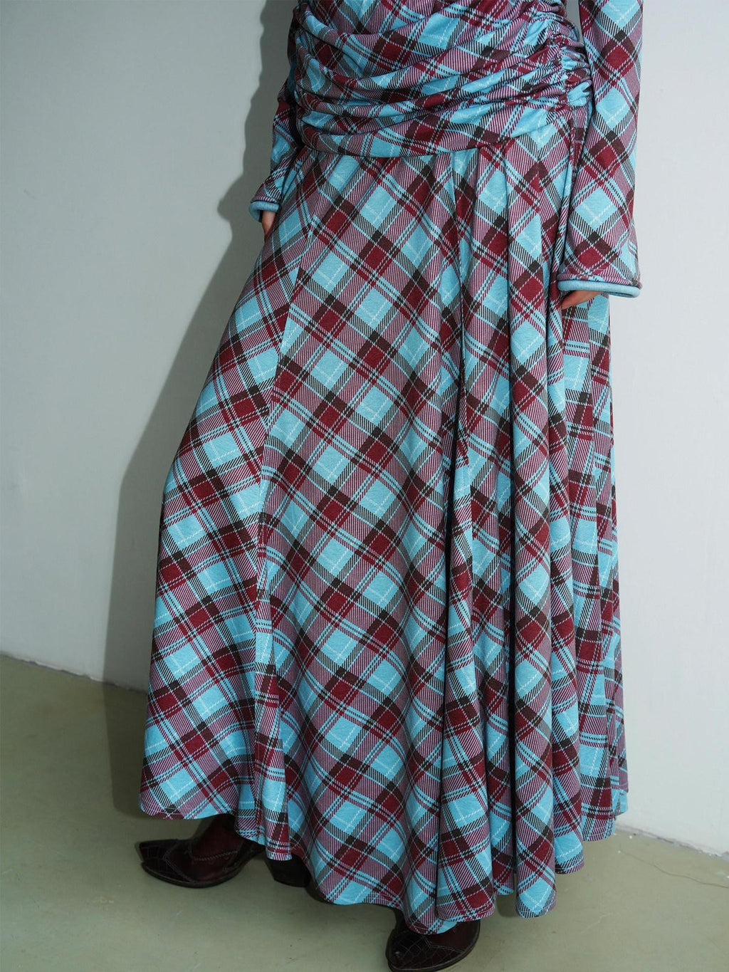 Vintage Plaid Asymmetric Slim Square Neck Women's Lyocell Casual Maxi Dresses