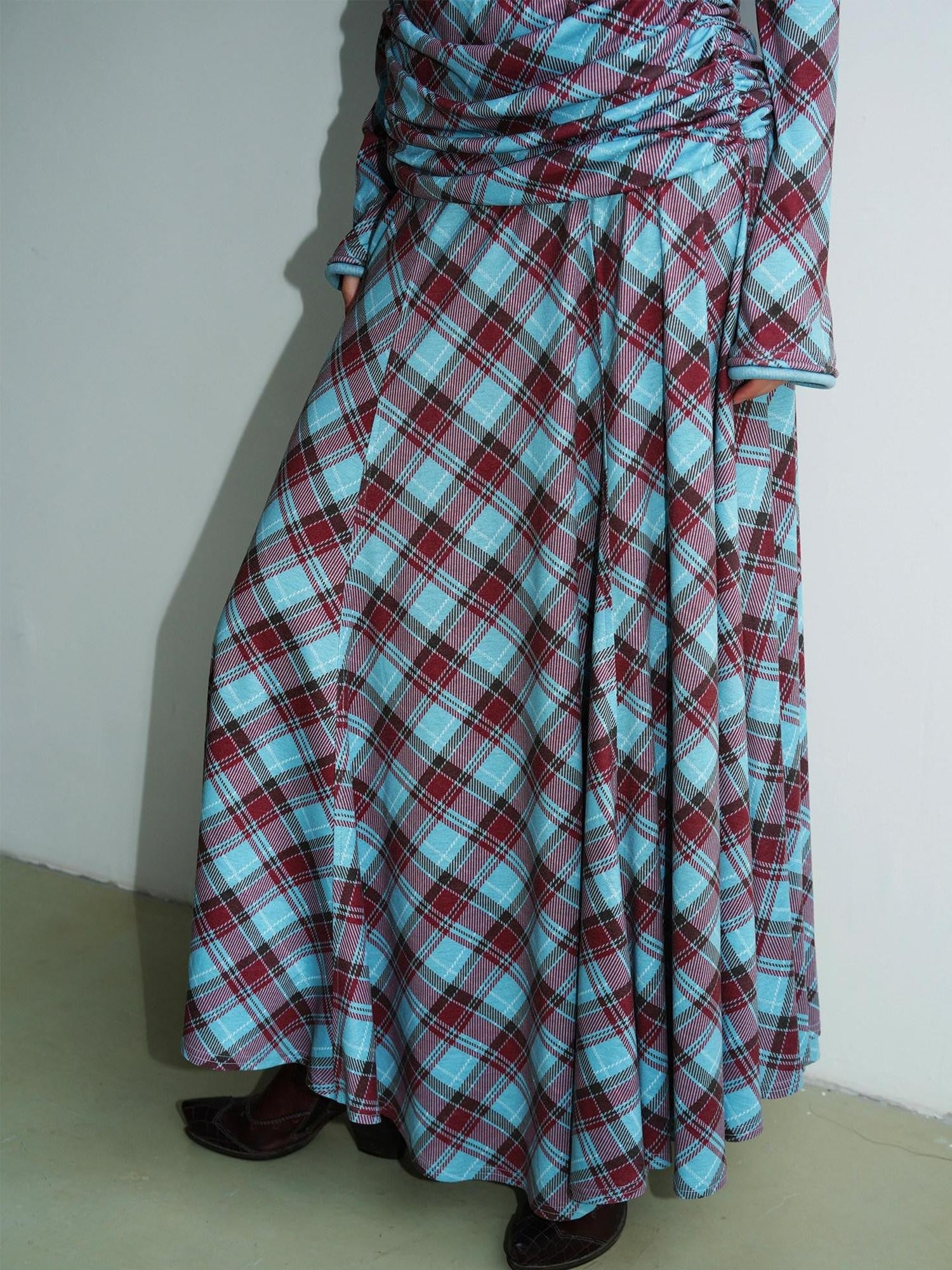 Vintage Plaid Asymmetric Slim Square Neck Women's Lyocell Casual Maxi Dresses