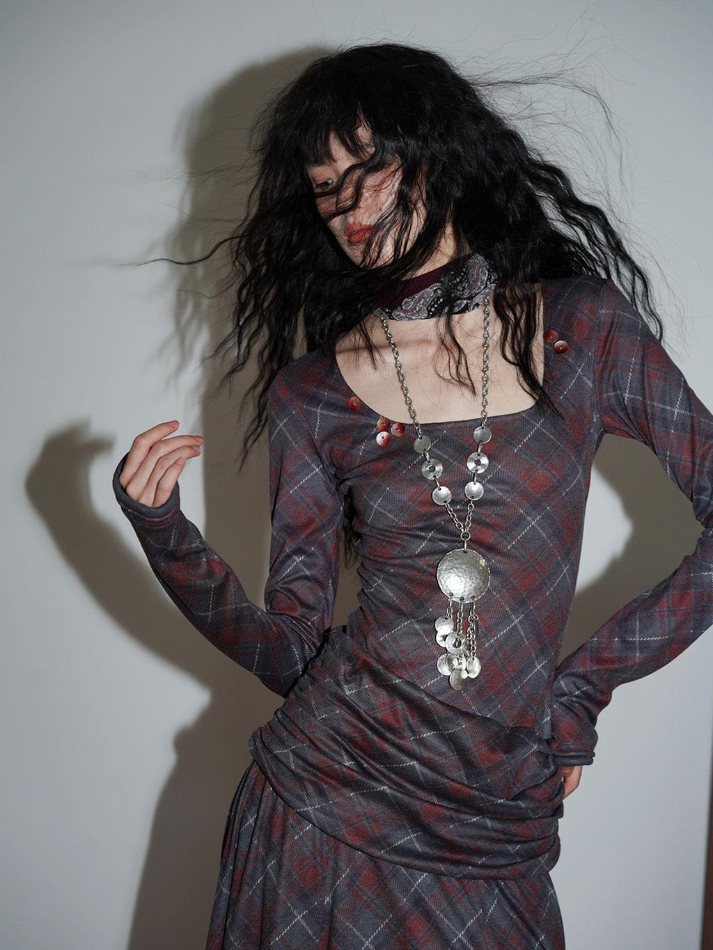 Vintage Plaid Asymmetric Slim Square Neck Women's Lyocell Casual Maxi Dresses