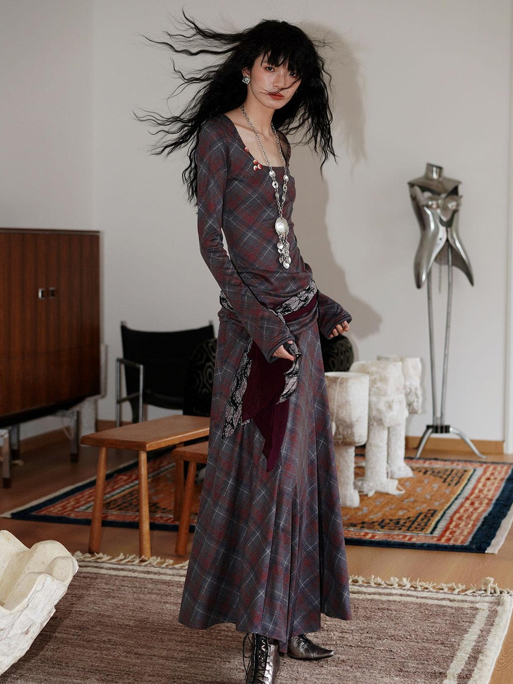 Vintage Plaid Asymmetric Slim Square Neck Women's Lyocell Casual Maxi Dresses
