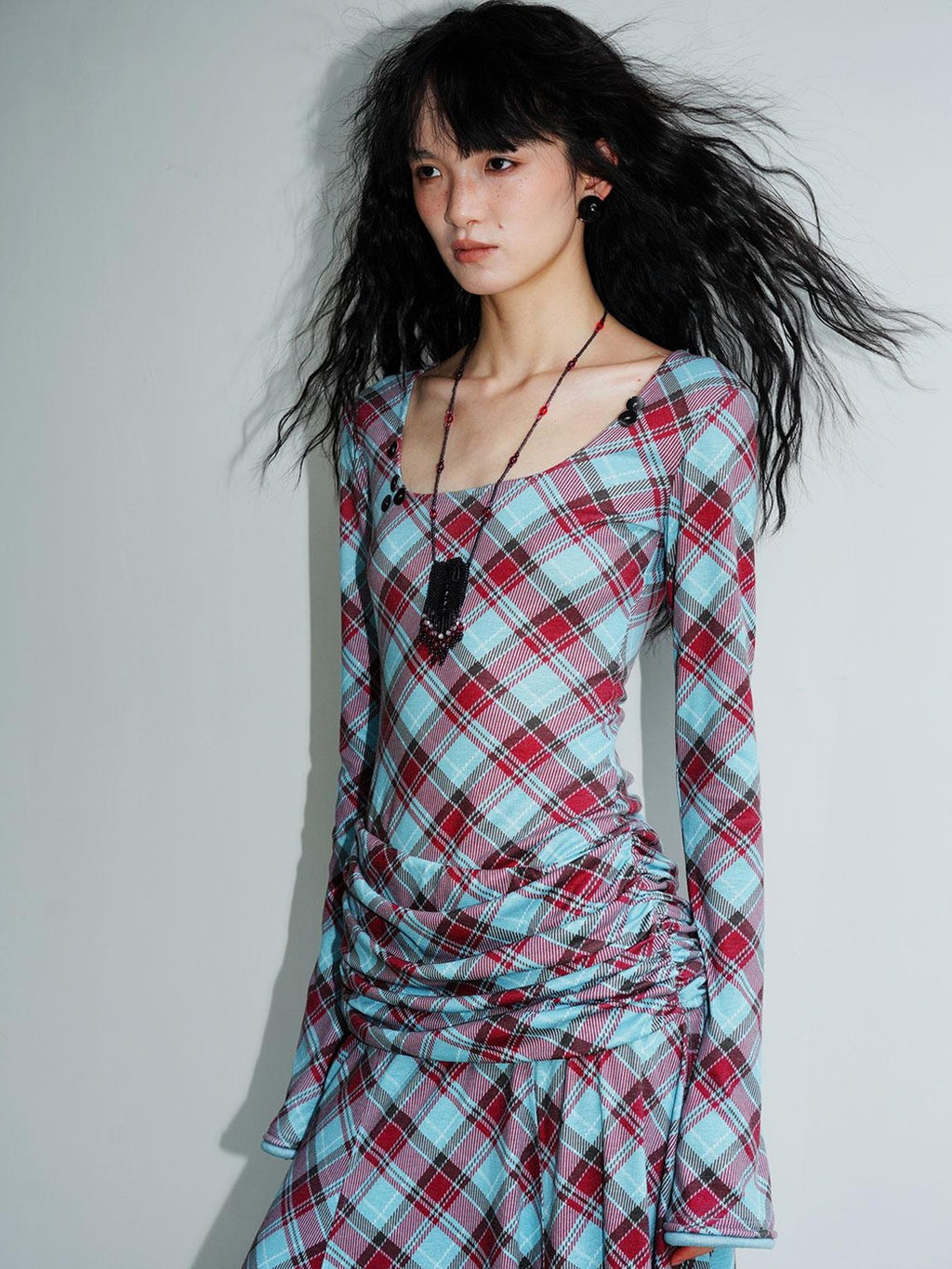 Vintage Plaid Asymmetric Slim Square Neck Women's Lyocell Casual Maxi Dresses