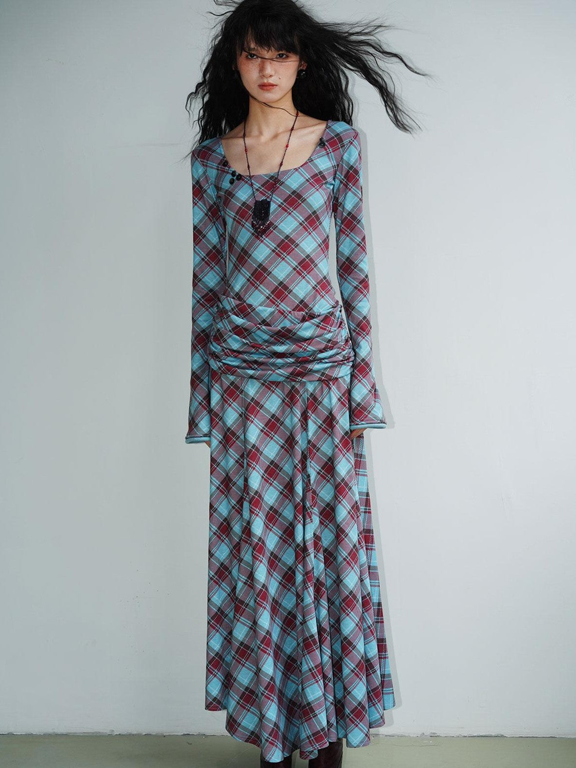 Vintage Plaid Asymmetric Slim Square Neck Women's Lyocell Casual Maxi Dresses