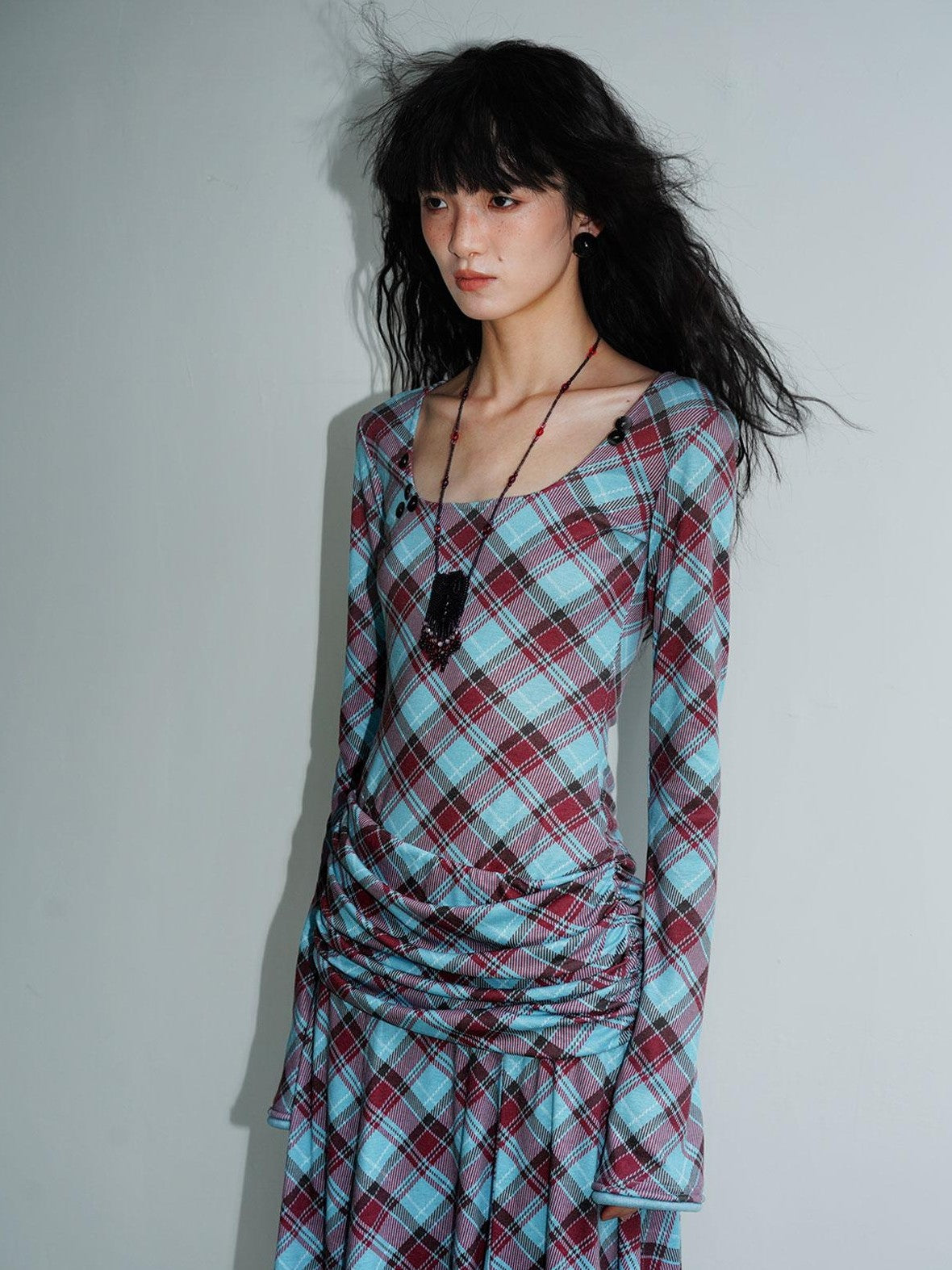 badtaste Vintage Plaid Asymmetric Slim Square Neck Women's Lyocell Casual Maxi Dresses