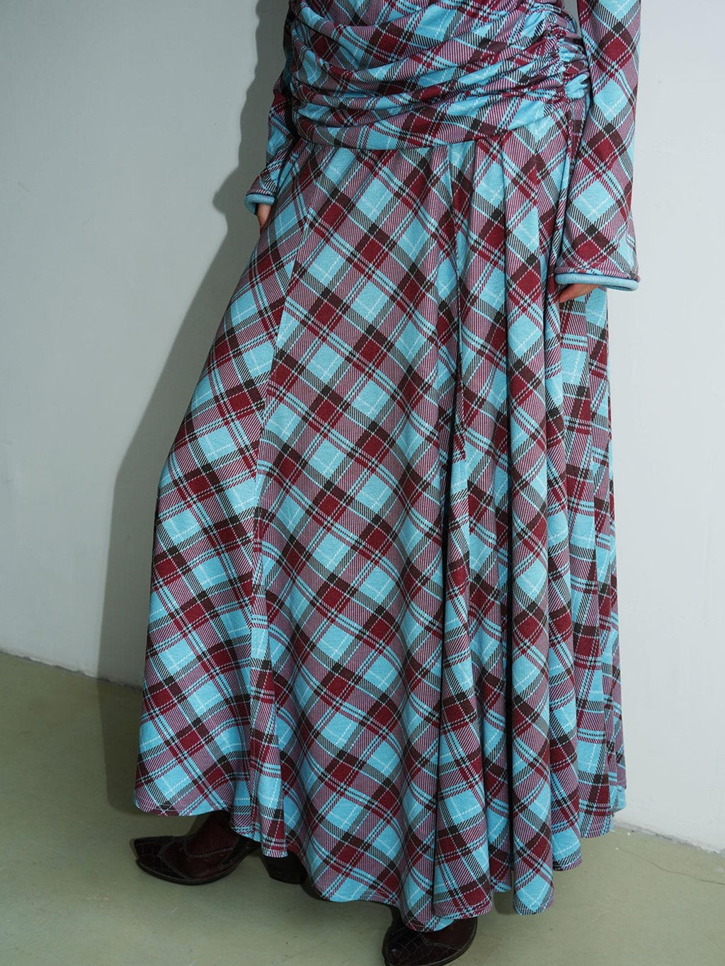 Vintage Plaid Asymmetric Slim Square Neck Women's Lyocell Casual Maxi Dresses