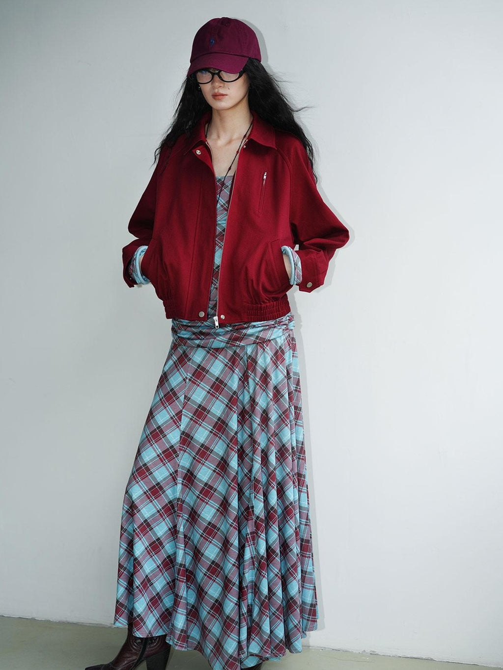 Vintage Plaid Asymmetric Slim Square Neck Women's Lyocell Casual Maxi Dresses