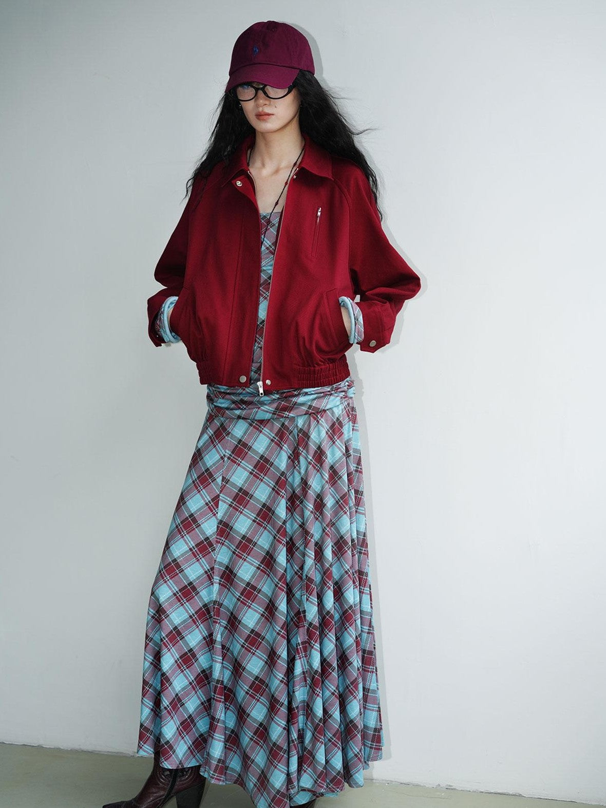 Vintage Plaid Asymmetric Slim Square Neck Women's Lyocell Casual Maxi Dresses