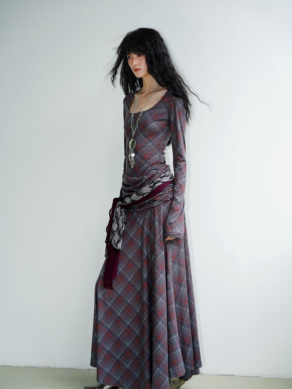 Vintage Plaid Asymmetric Slim Square Neck Women's Lyocell Casual Maxi Dresses