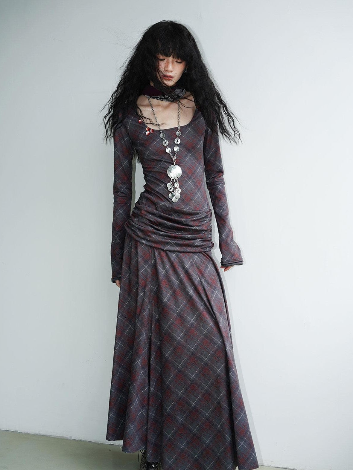 badtaste Vintage Plaid Asymmetric Slim Square Neck Women's Lyocell Casual Maxi Dresses