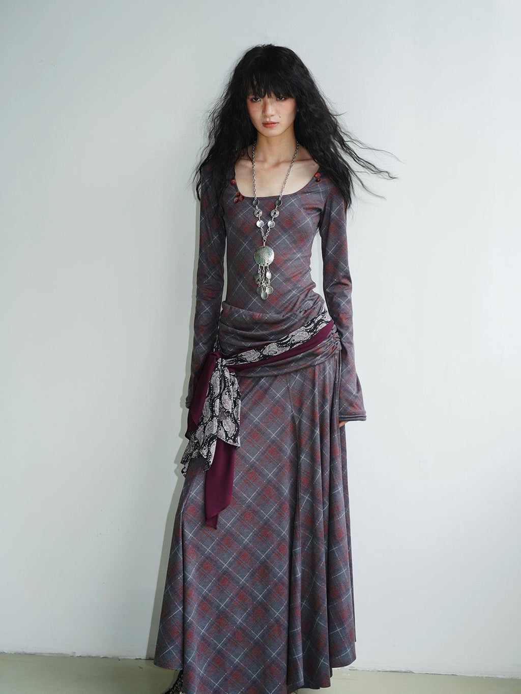Vintage Plaid Asymmetric Slim Square Neck Women's Lyocell Casual Maxi Dresses