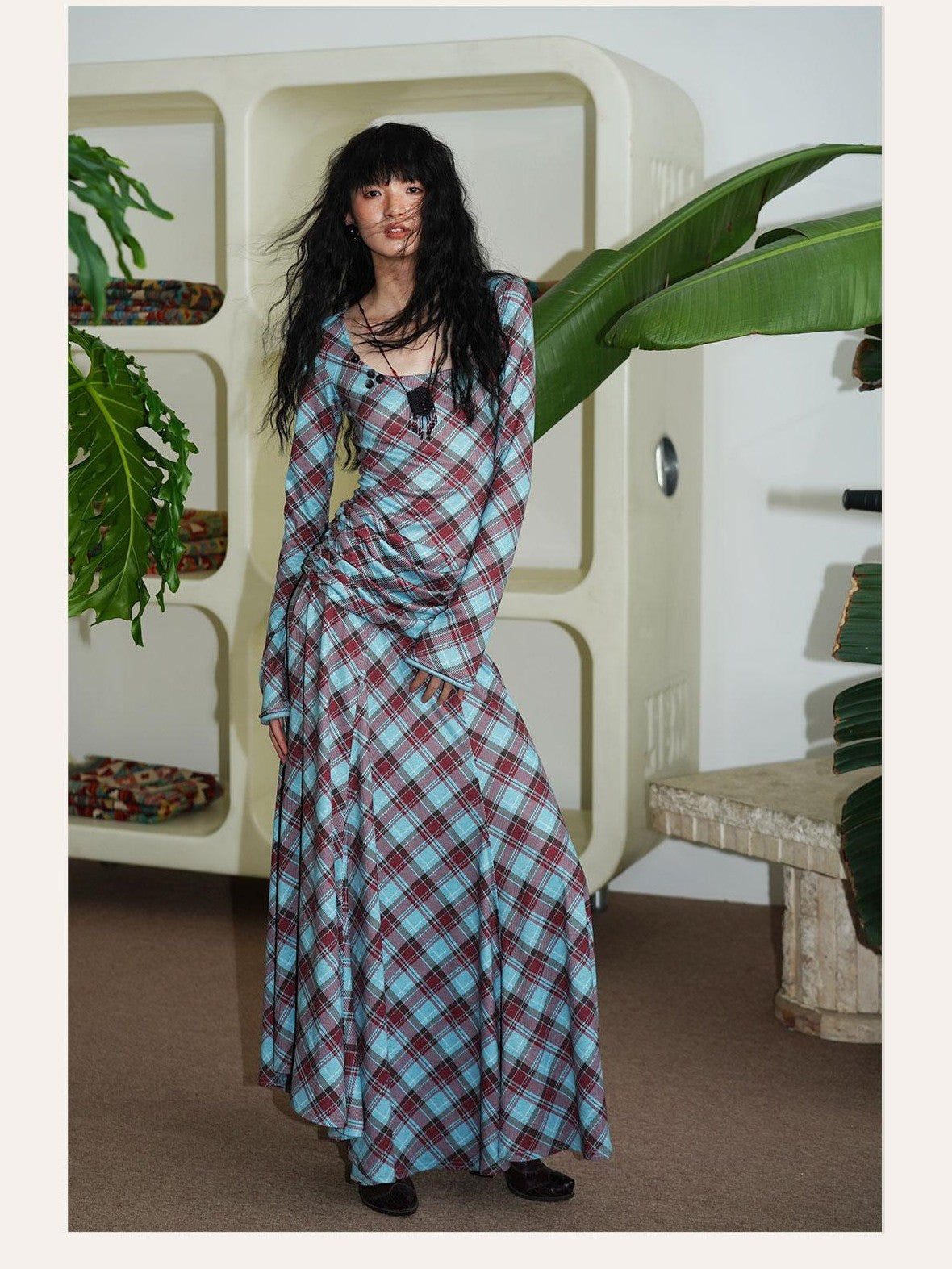 Vintage Plaid Asymmetric Slim Square Neck Women's Lyocell Casual Maxi Dresses