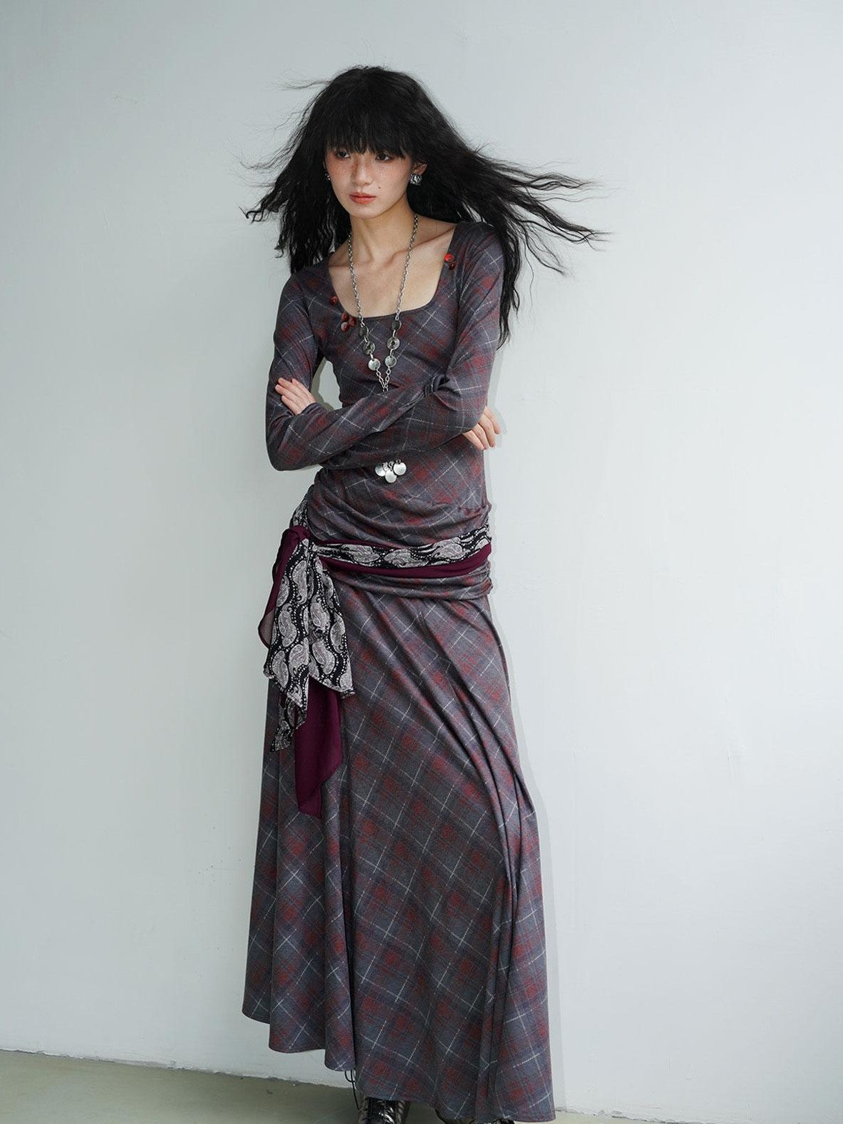 badtaste Vintage Plaid Asymmetric Slim Square Neck Women's Lyocell Casual Maxi Dresses