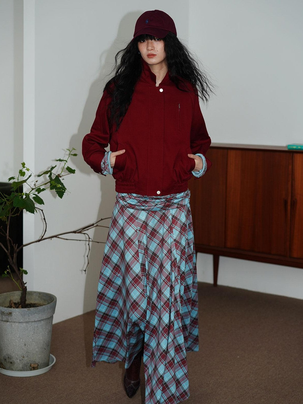 Vintage Plaid Asymmetric Slim Square Neck Women's Lyocell Casual Maxi Dresses