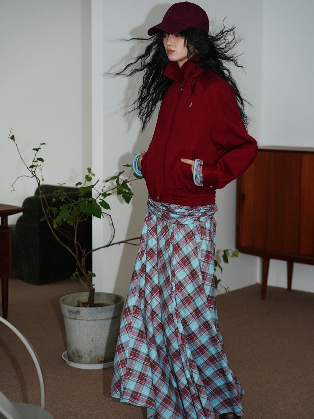 Vintage Plaid Asymmetric Slim Square Neck Women's Lyocell Casual Maxi Dresses