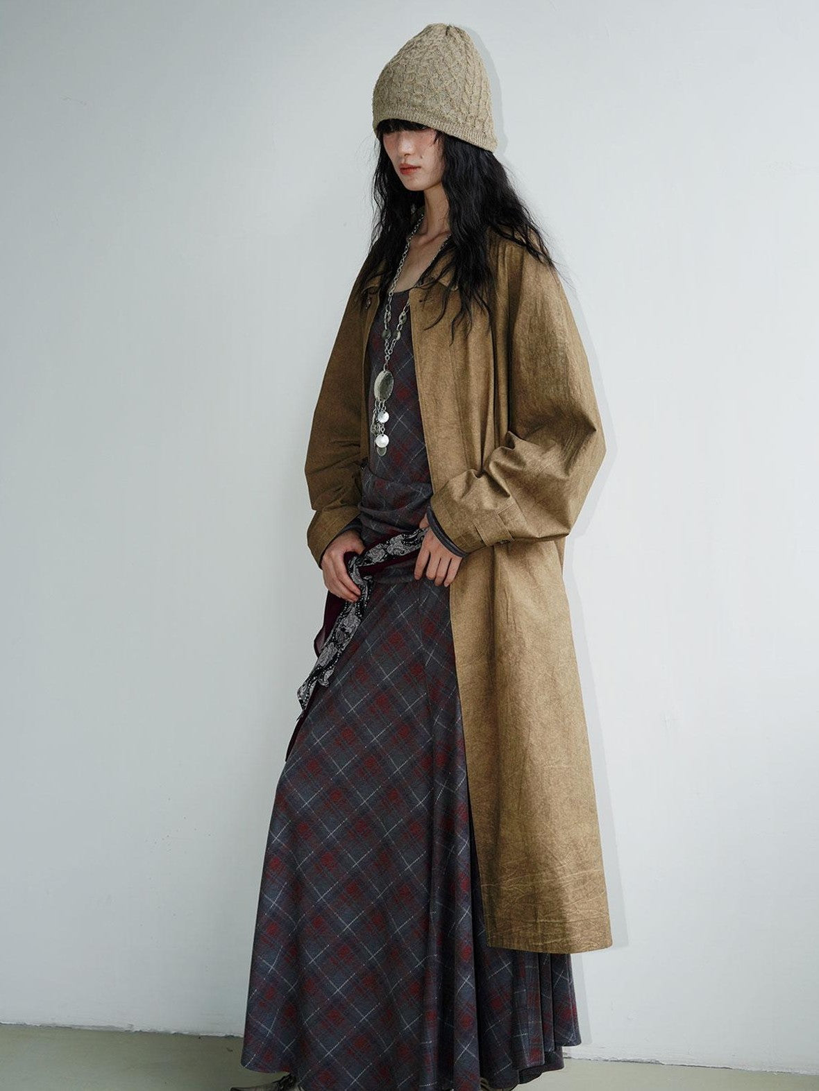 badtaste Vintage Plaid Asymmetric Slim Square Neck Women's Lyocell Casual Maxi Dresses