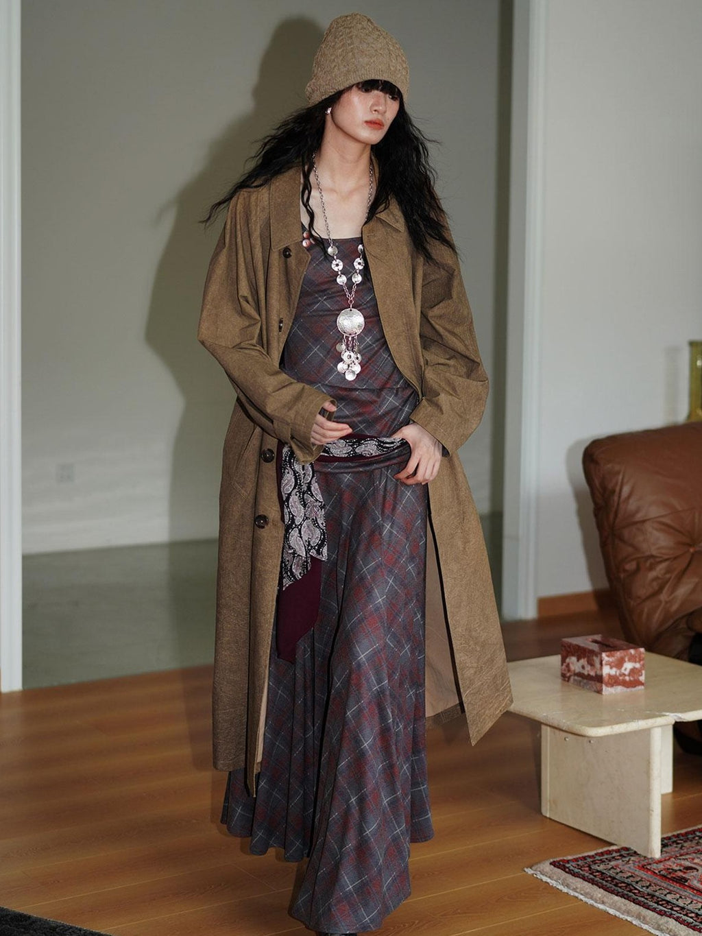 Vintage Plaid Asymmetric Slim Square Neck Women's Lyocell Casual Maxi Dresses