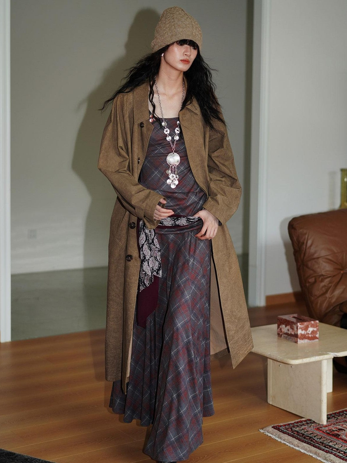 Vintage Plaid Asymmetric Slim Square Neck Women's Lyocell Casual Maxi Dresses