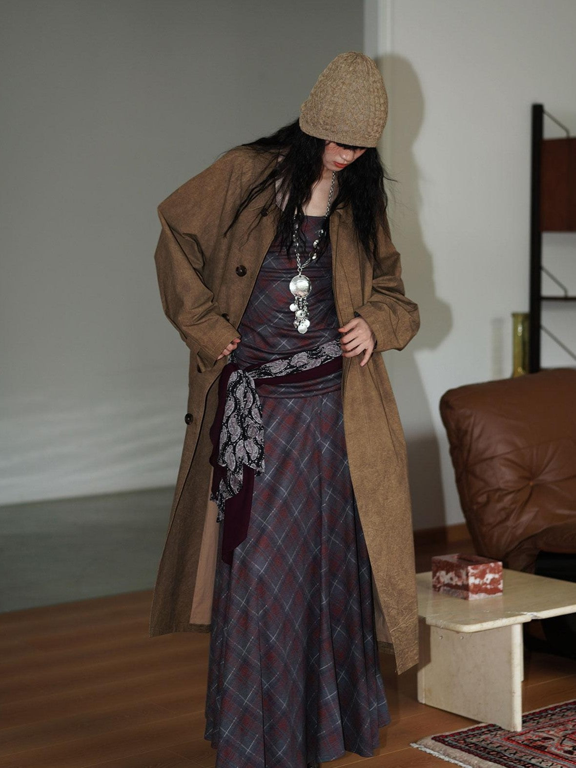 badtaste Vintage Plaid Asymmetric Slim Square Neck Women's Lyocell Casual Maxi Dresses