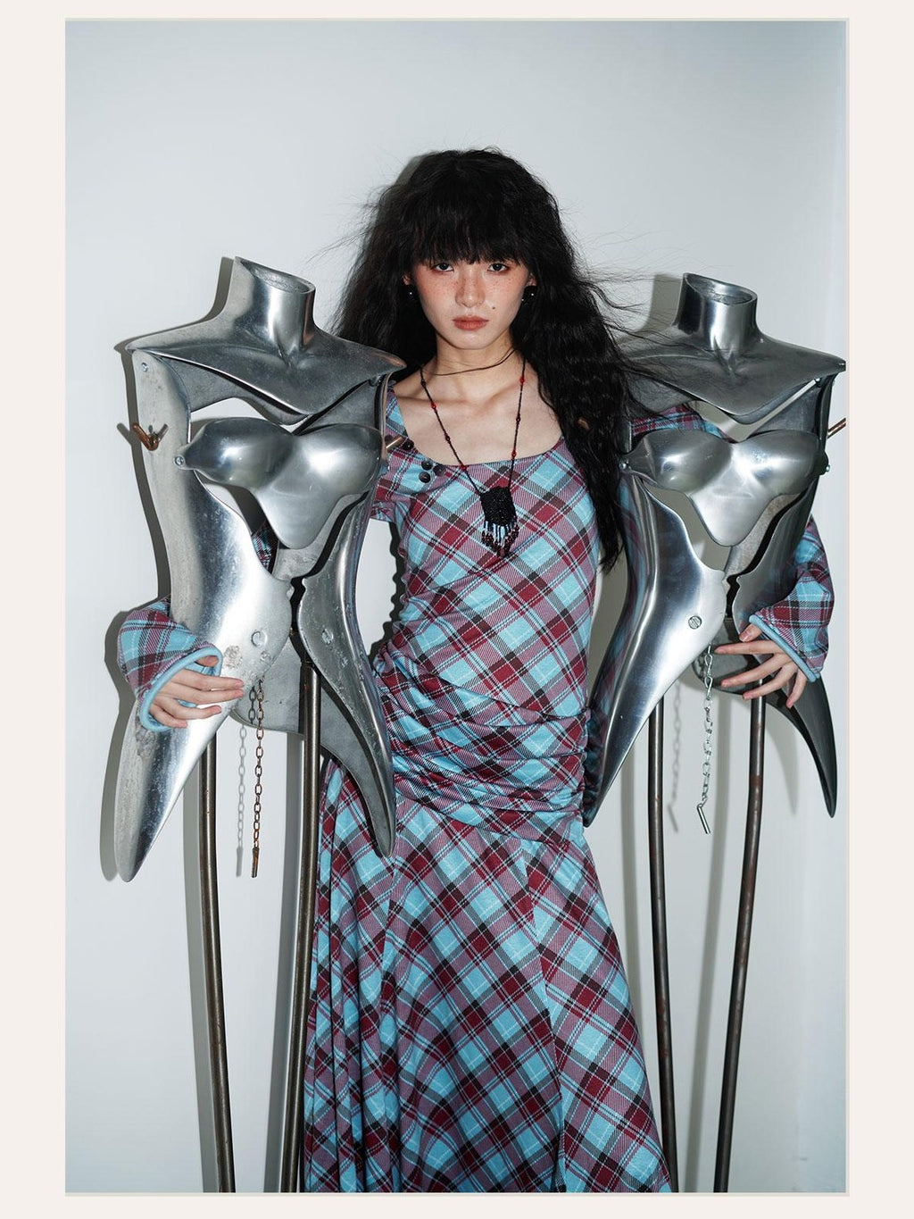 Vintage Plaid Asymmetric Slim Square Neck Women's Lyocell Casual Maxi Dresses