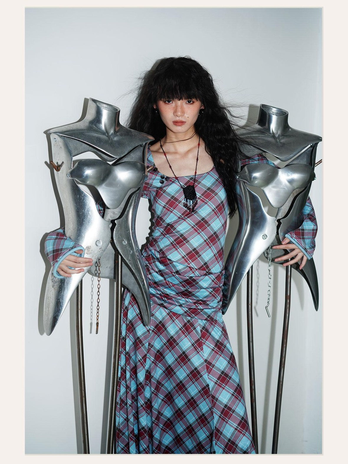 Vintage Plaid Asymmetric Slim Square Neck Women's Lyocell Casual Maxi Dresses
