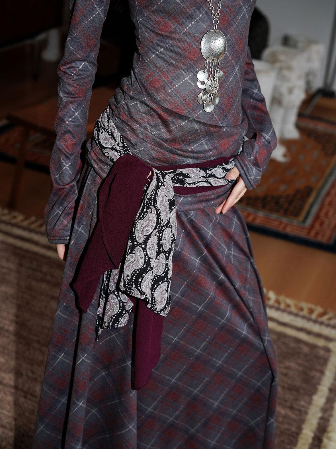 Vintage Plaid Asymmetric Slim Square Neck Women's Lyocell Casual Maxi Dresses