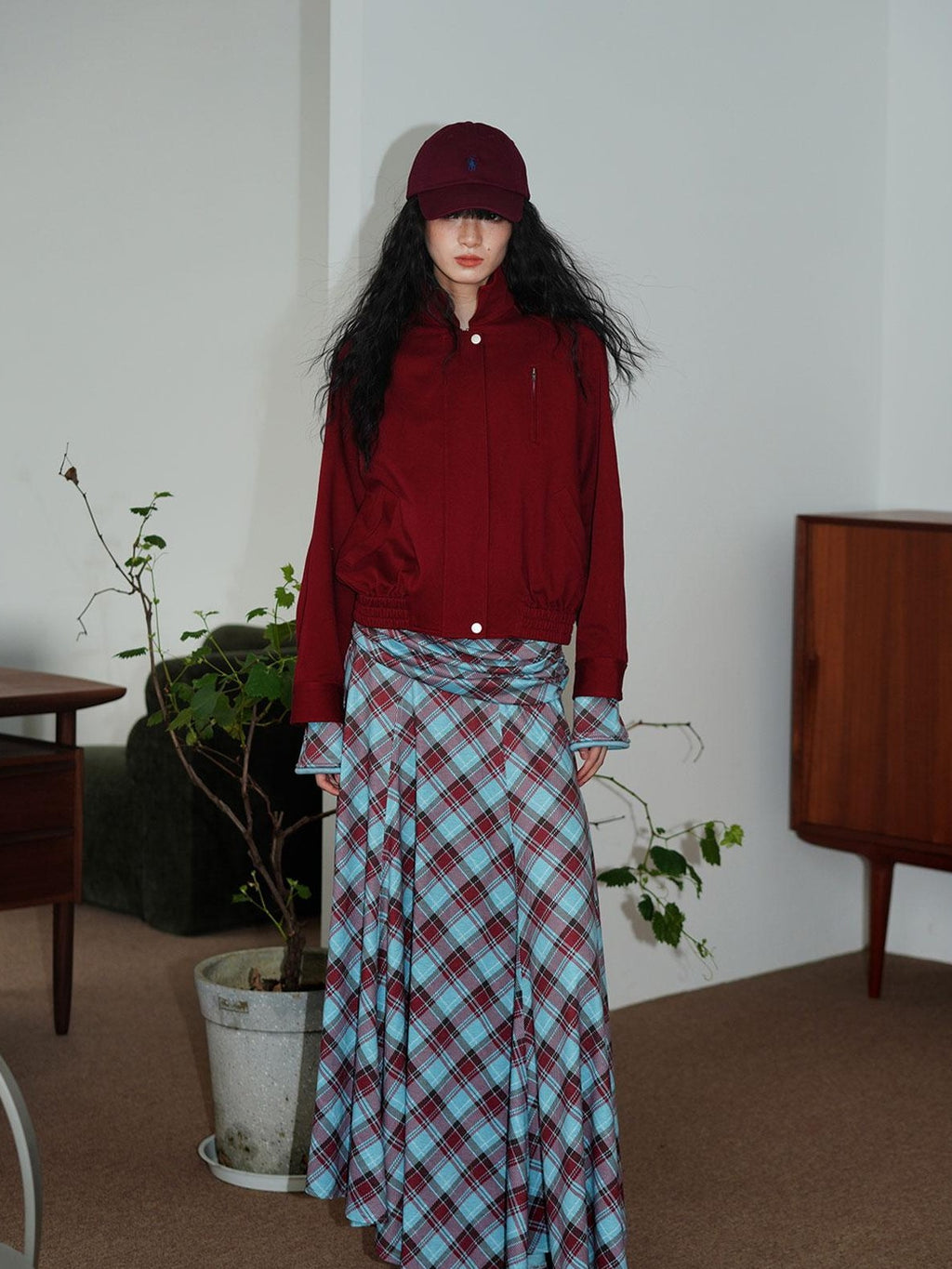 Vintage Plaid Asymmetric Slim Square Neck Women's Lyocell Casual Maxi Dresses