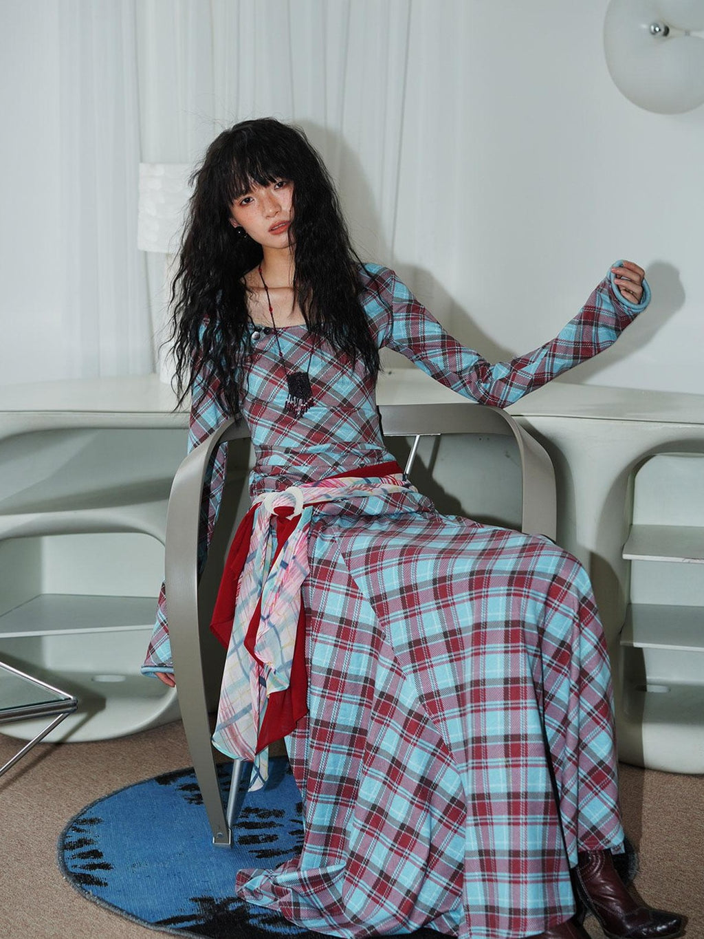 Vintage Plaid Asymmetric Slim Square Neck Women's Lyocell Casual Maxi Dresses