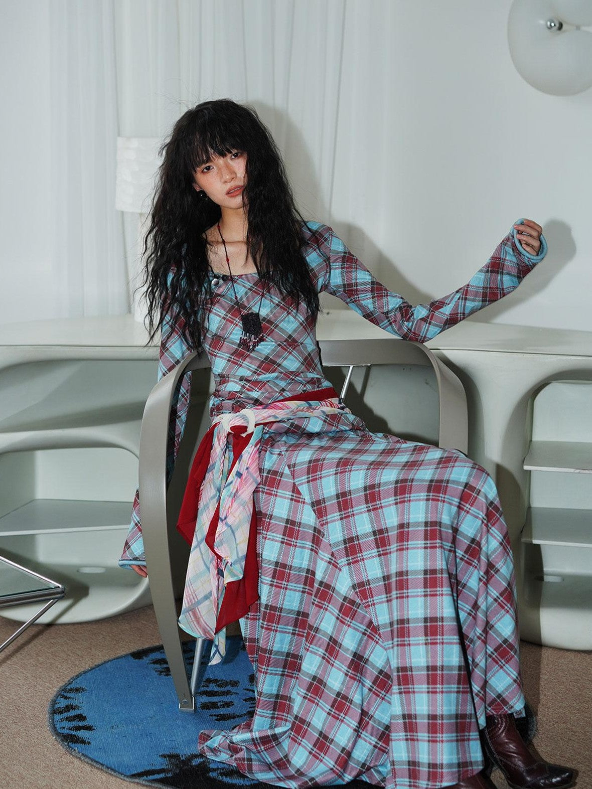 Vintage Plaid Asymmetric Slim Square Neck Women's Lyocell Casual Maxi Dresses
