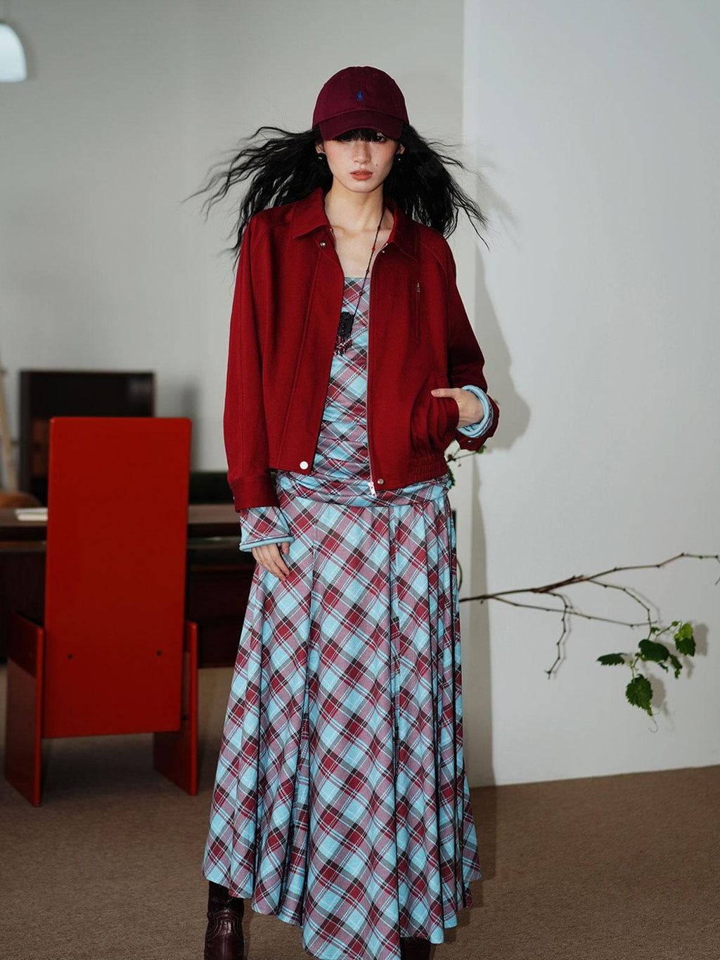 Vintage Plaid Asymmetric Slim Square Neck Women's Lyocell Casual Maxi Dresses