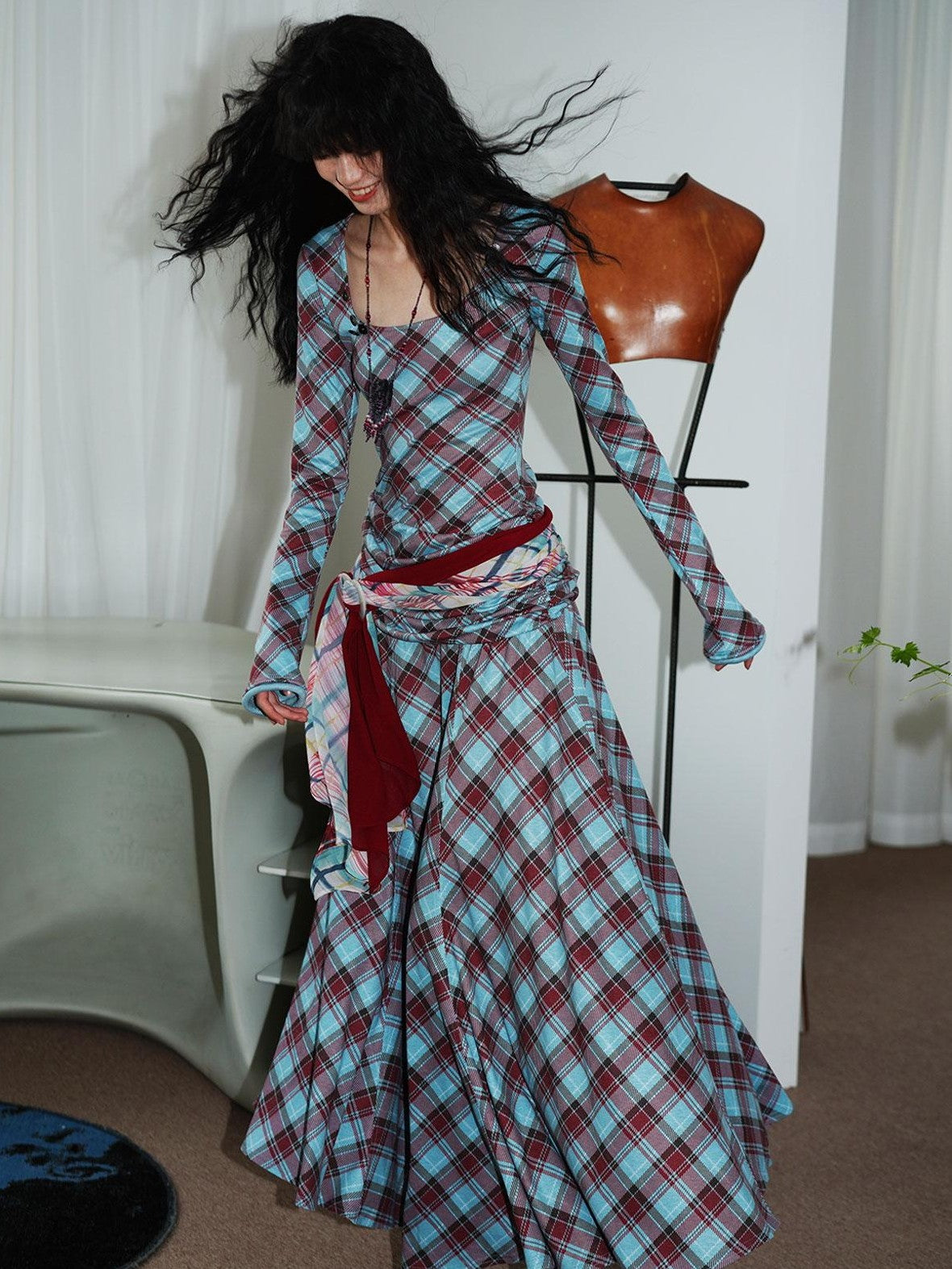 Vintage Plaid Asymmetric Slim Square Neck Women's Lyocell Casual Maxi Dresses