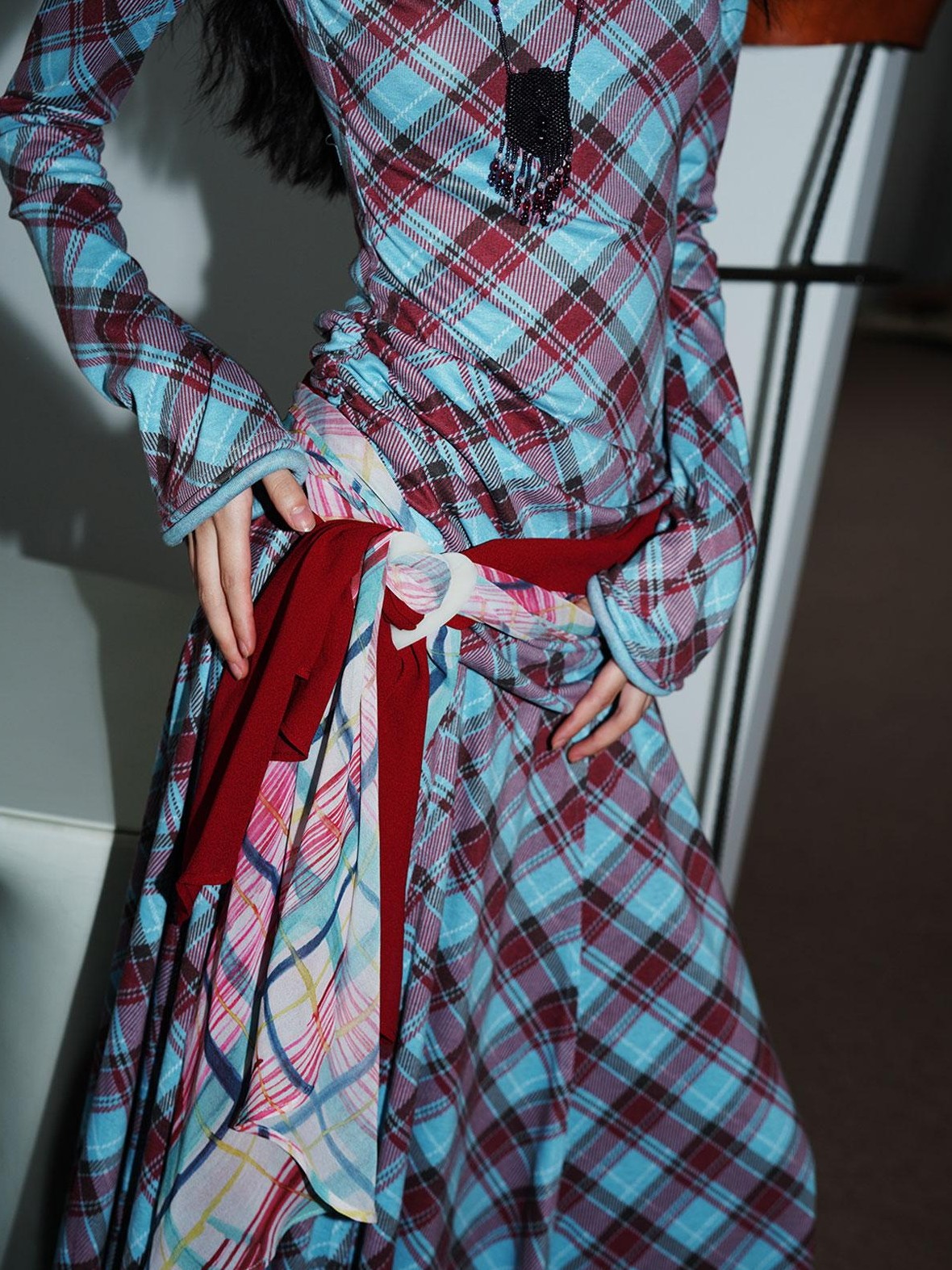 Vintage Plaid Asymmetric Slim Square Neck Women's Lyocell Casual Maxi Dresses