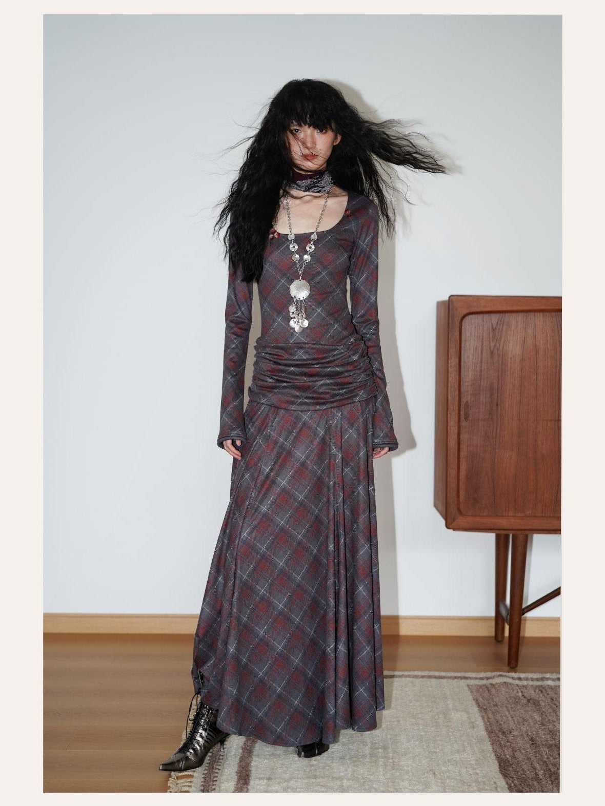 badtaste Vintage Plaid Asymmetric Slim Square Neck Women's Lyocell Casual Maxi Dresses