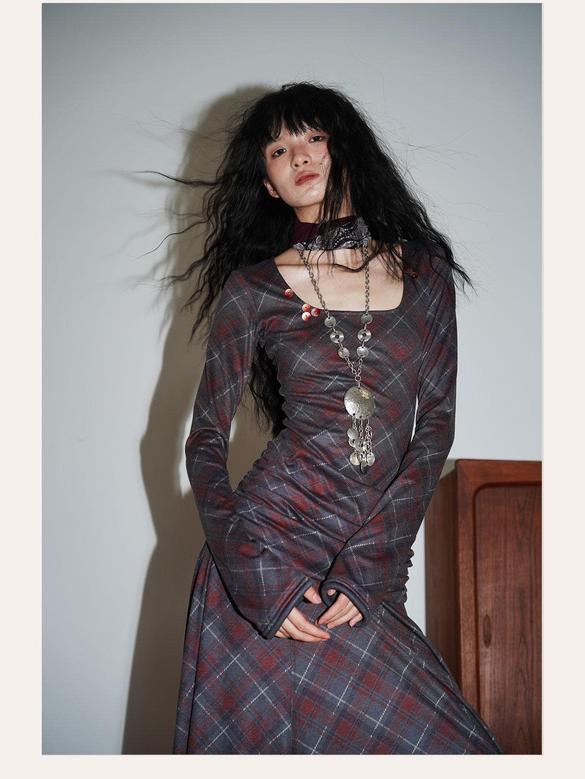 Vintage Plaid Asymmetric Slim Square Neck Women's Lyocell Casual Maxi Dresses