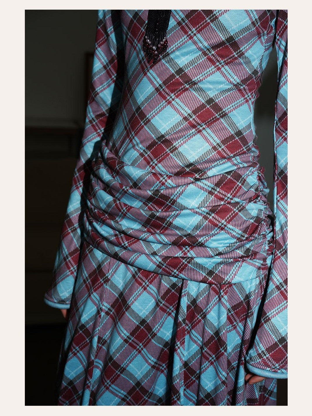badtaste Vintage Plaid Asymmetric Slim Square Neck Women's Lyocell Casual Maxi Dresses