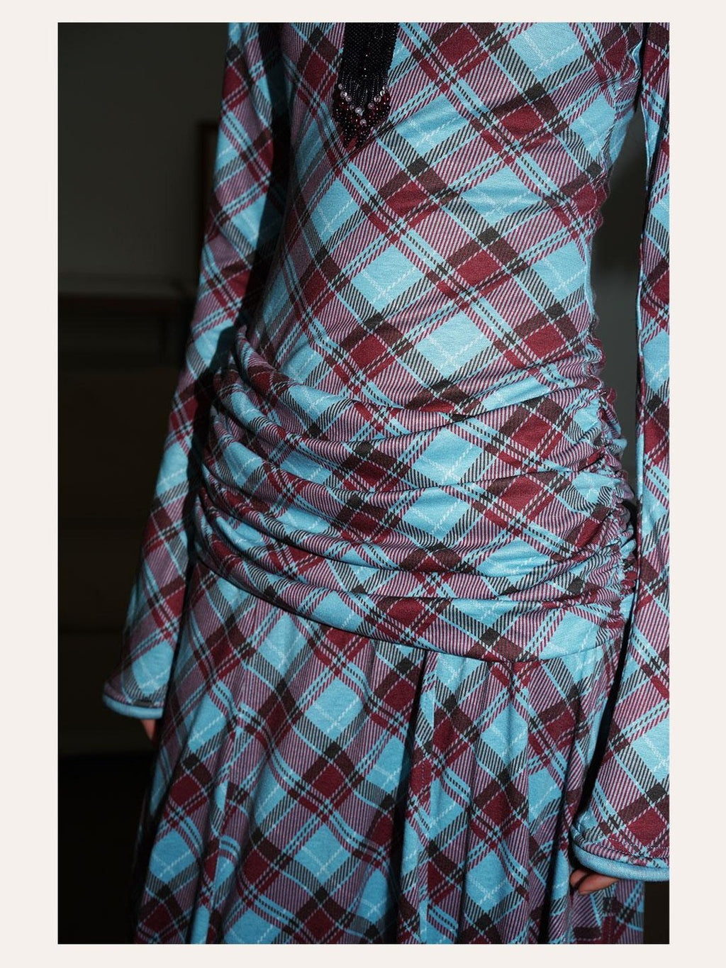 Vintage Plaid Asymmetric Slim Square Neck Women's Lyocell Casual Maxi Dresses