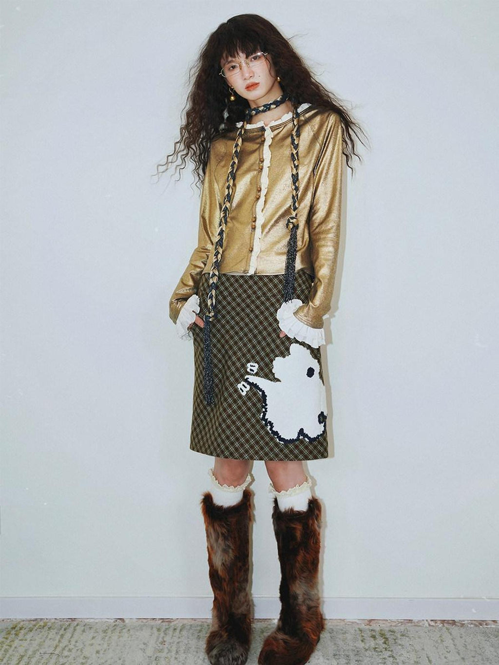 badtaste Vintage Plaid Highland Embroidered Women's Wool Tweed Midi Skirts