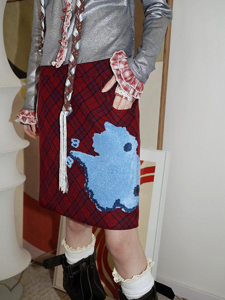 badtaste Vintage Plaid Highland Embroidered Women's Wool Tweed Midi Skirts