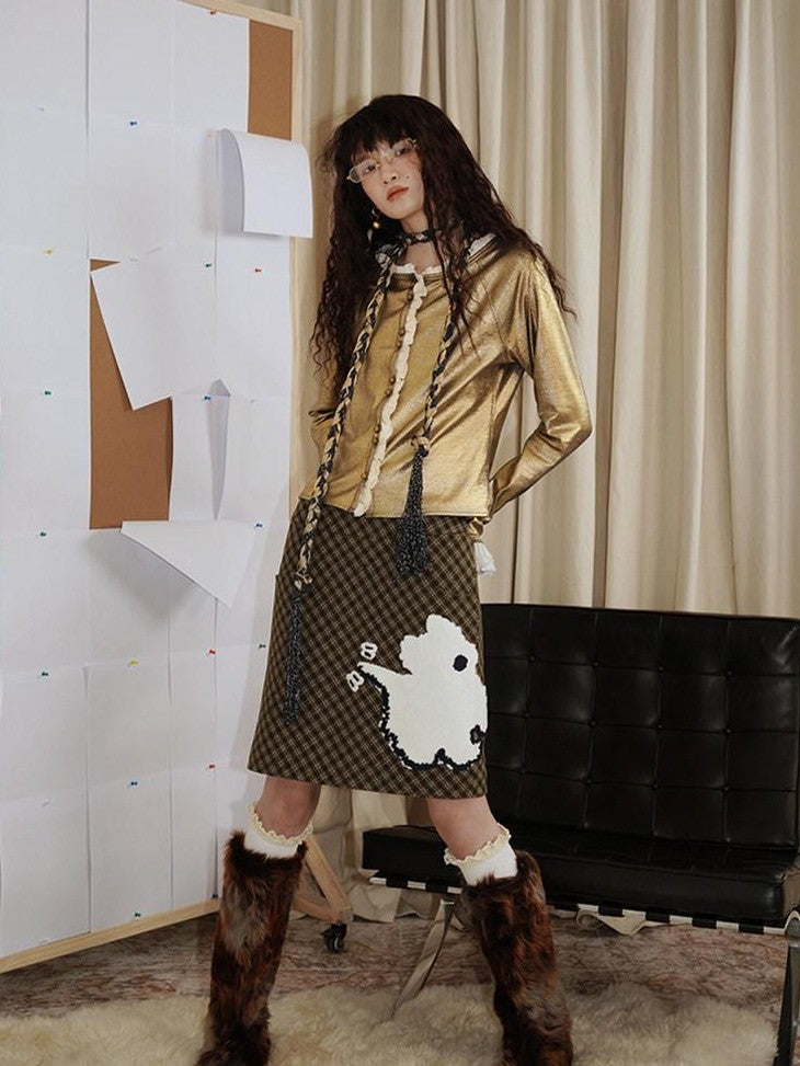 badtaste Vintage Plaid Highland Embroidered Women's Wool Tweed Midi Skirts